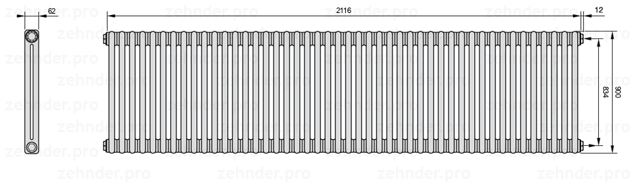 Схема (чертеж) Радиатор Zehnder Charleston 2090/46 №7610 Белый глянцевый RAL 9016